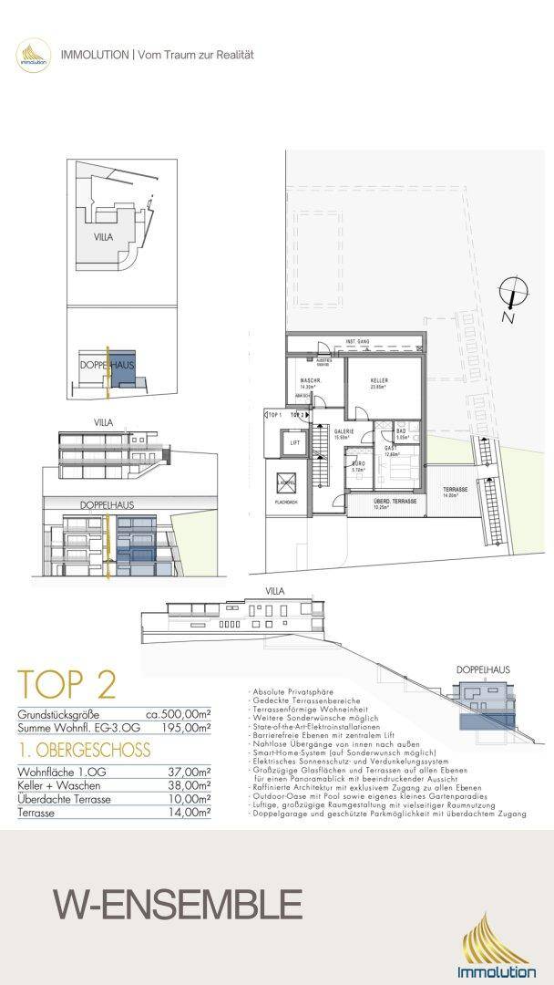 Grundriss des ersten Obergeschosses mit Wohnbereichen, Schlafzimmern und Terrasse.