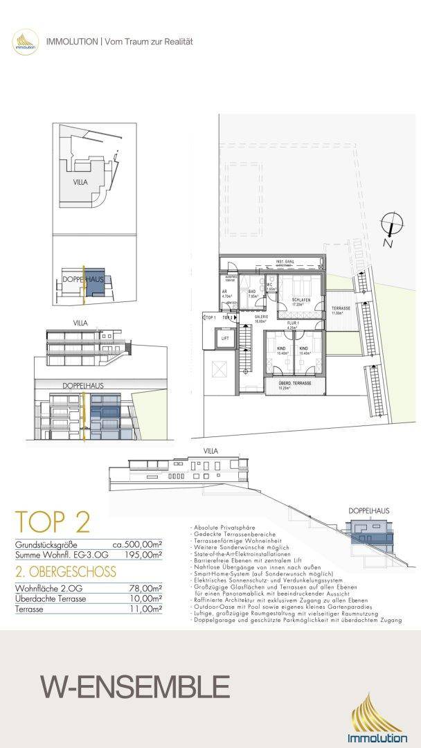 Grundriss des zweiten Obergeschosses mit Schlafzimmern, Bädern und einer weiteren Terrasse.