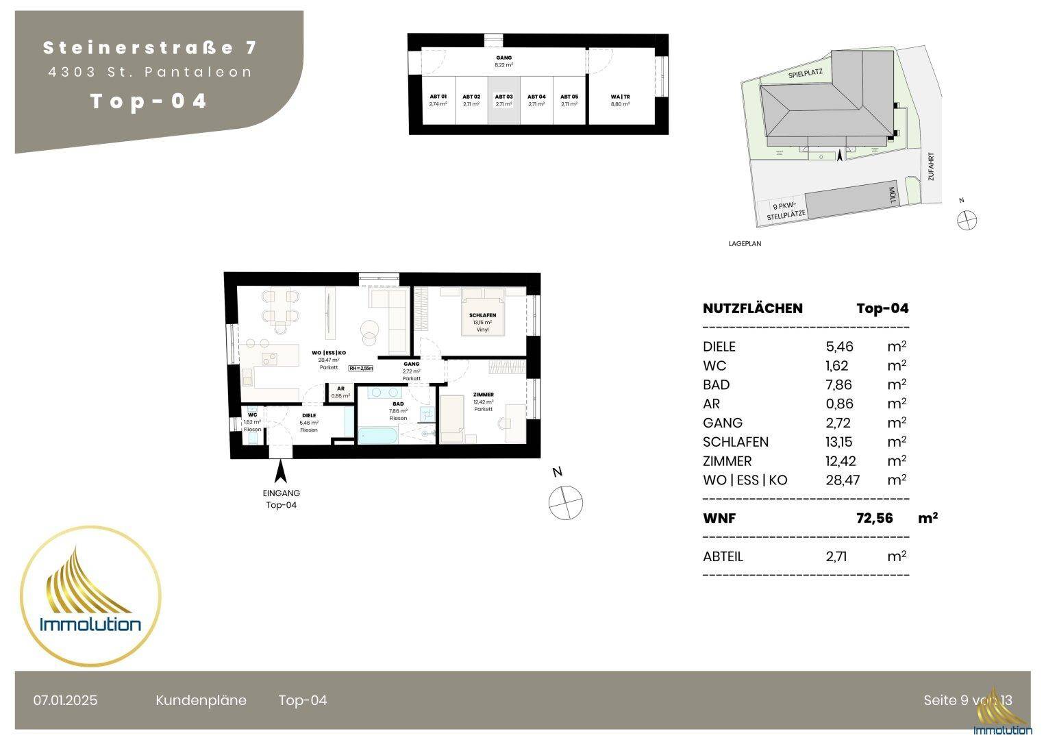 Grundriss der Wohnung Top-04 mit 72,56 m² Wohnfläche, detaillierter Raumaufteilung, Kellerabteil und Lageplan.
