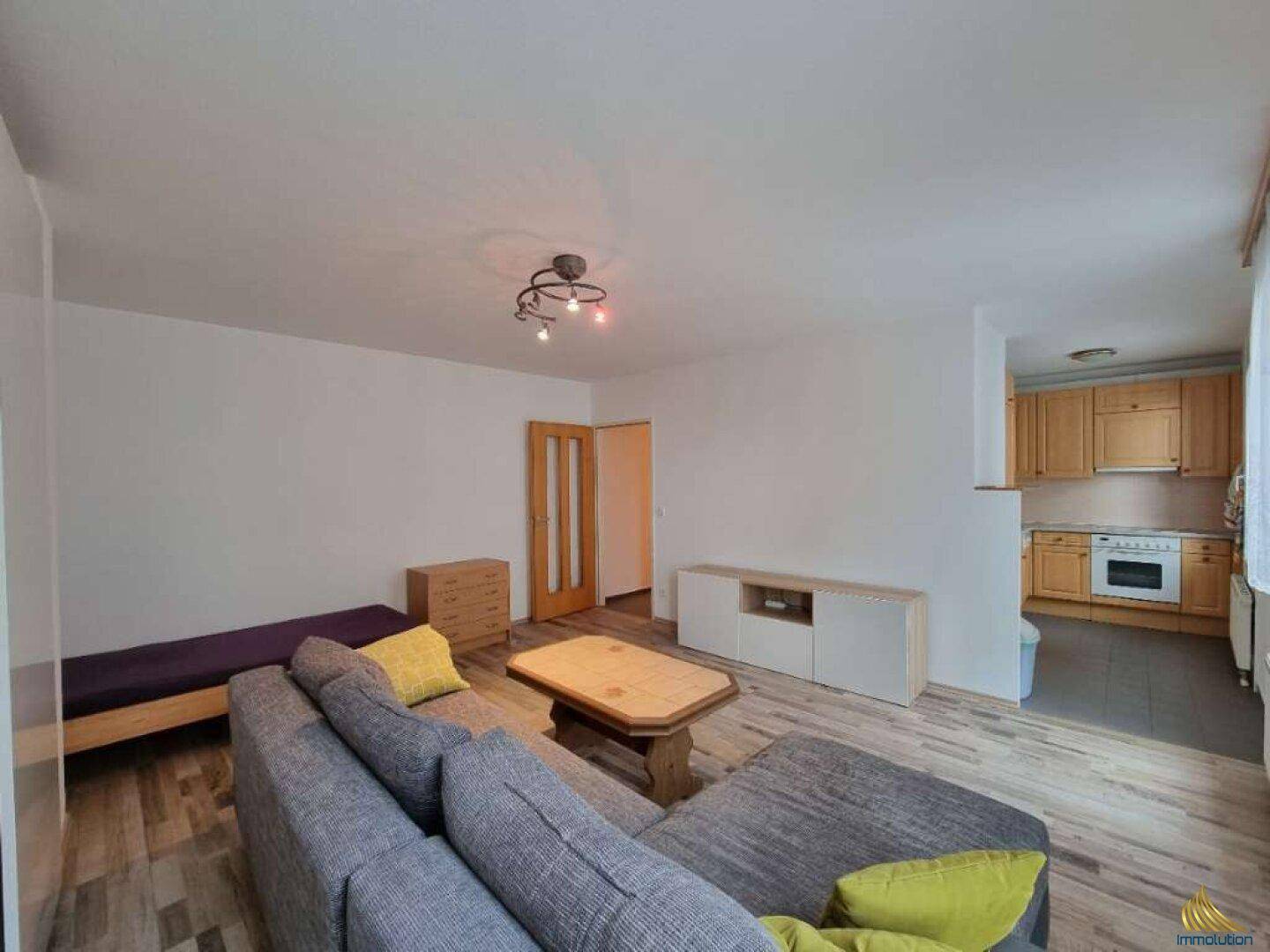 Offener Wohnbereich mit Sofa, Bett und Blick auf die angrenzende Küche.