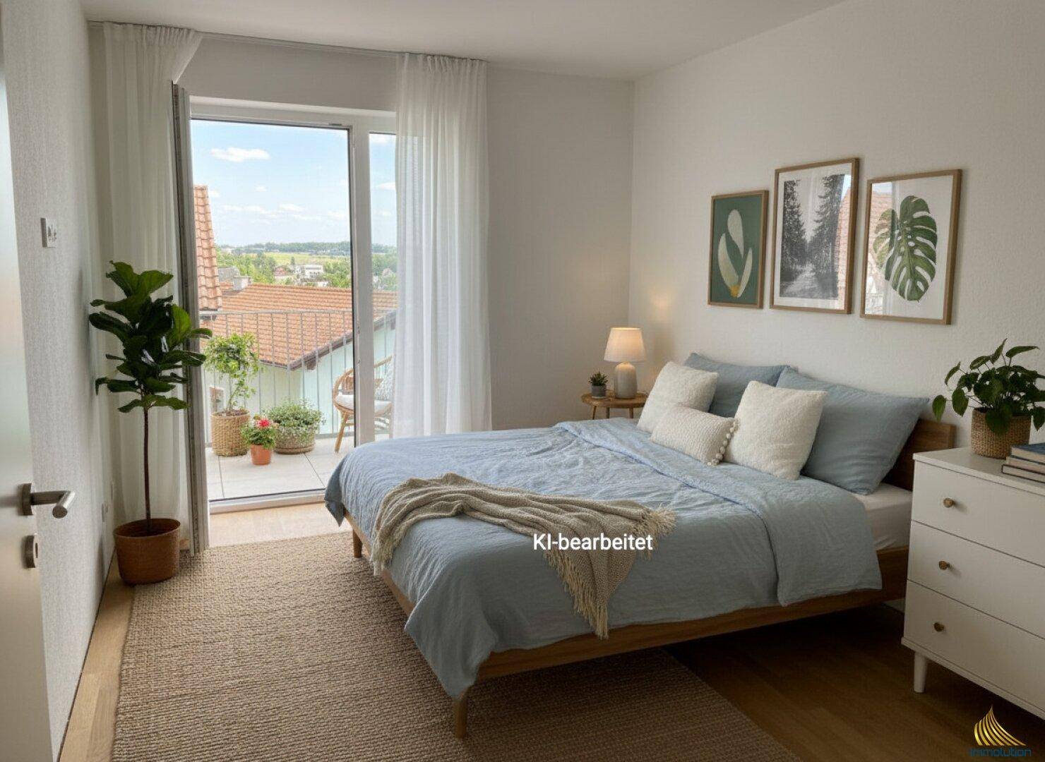 Gemütliches Schlafzimmer mit Doppelbett, Holzboden und direktem Zugang zum möblierten Balkon.