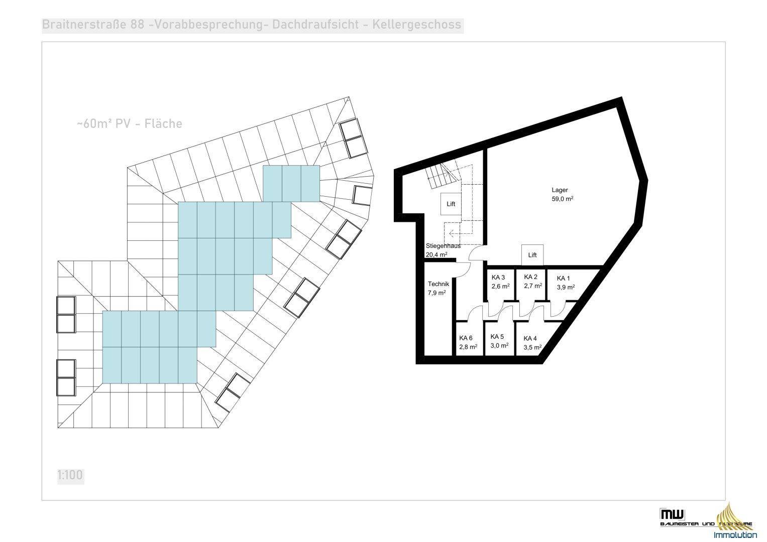 Dachaufsicht mit Photovoltaikanlage und Grundriss des Kellergeschosses mit Lager- und Technikräumen.