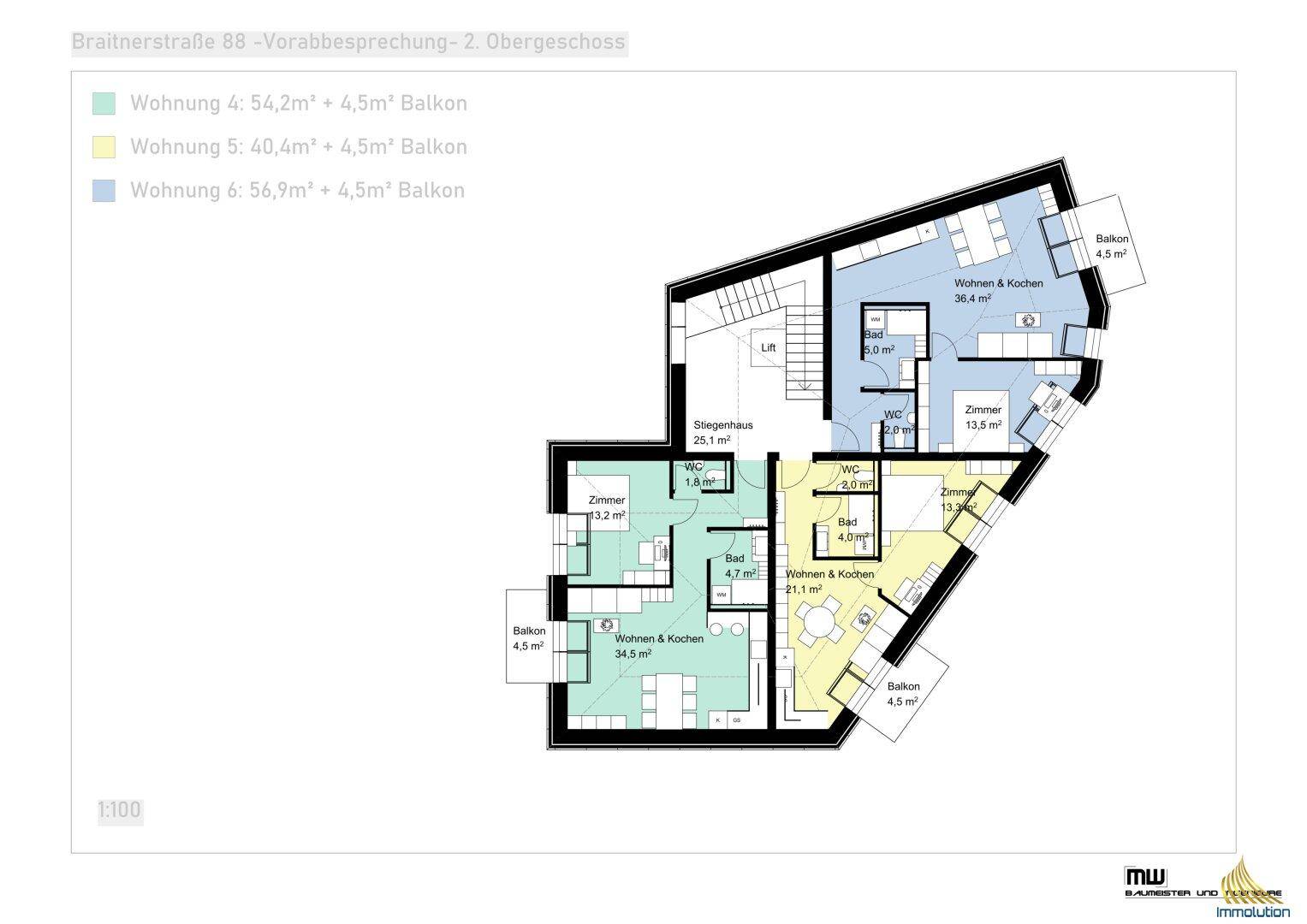 Grundriss des zweiten Obergeschosses mit drei Wohnungen, jeweils mit Balkon, Wohnküche und Bädern.