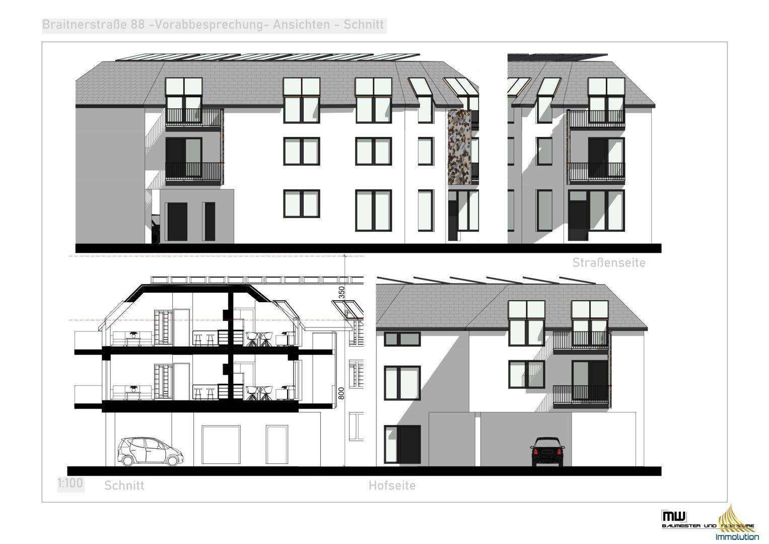 Architektonische Ansichten und Schnitt des Gebäudes mit Fassadendetails, Balkonen und Dachform.