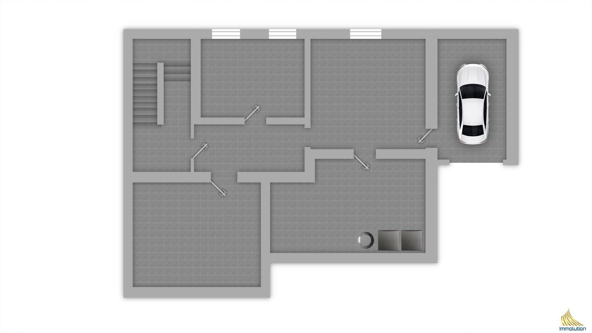 Grundriss des Erdgeschosses mit Garage und verschiedenen Räumen.
