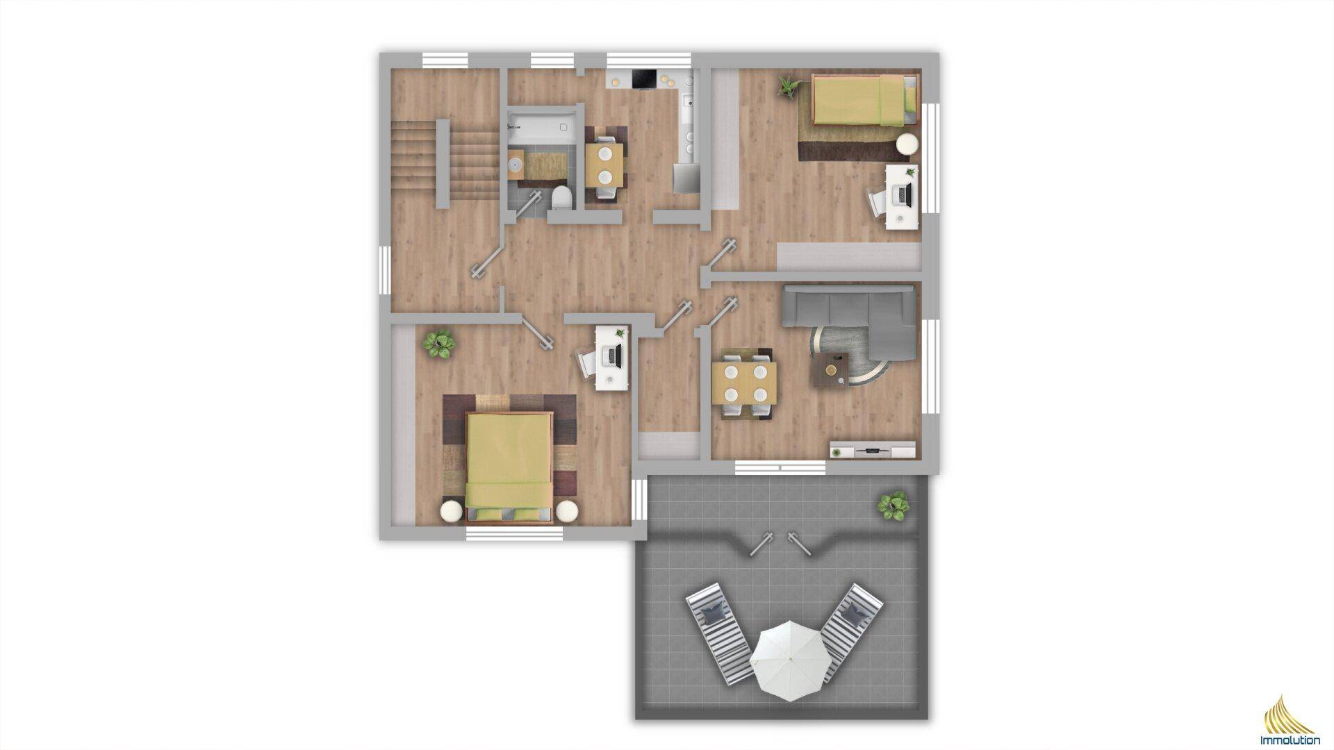 Grundriss des zweiten Obergeschosses mit Schlafzimmern, Bad und Balkon.