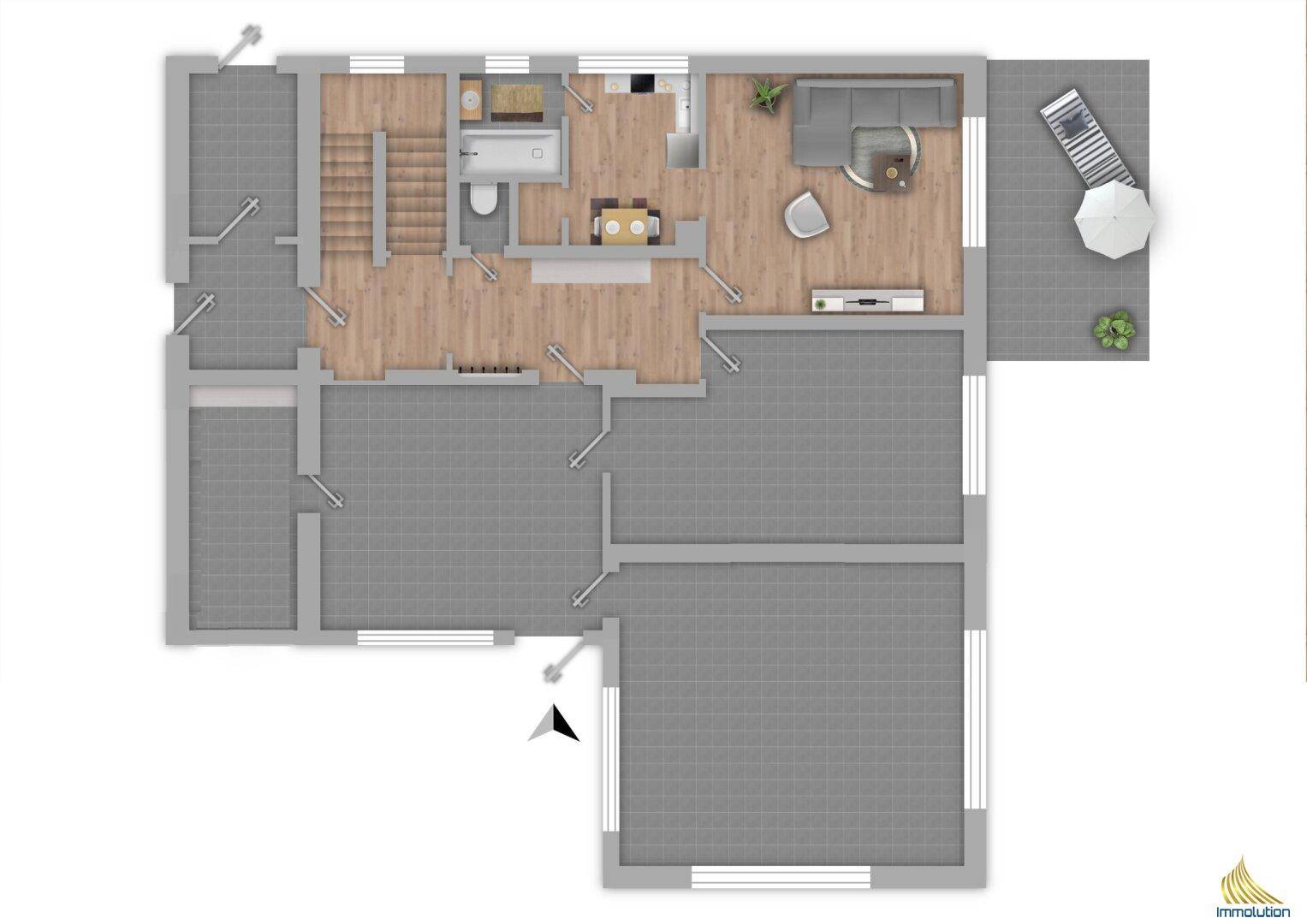 Grundriss des ersten Obergeschosses mit Wohnbereich, Bad und Terrasse.