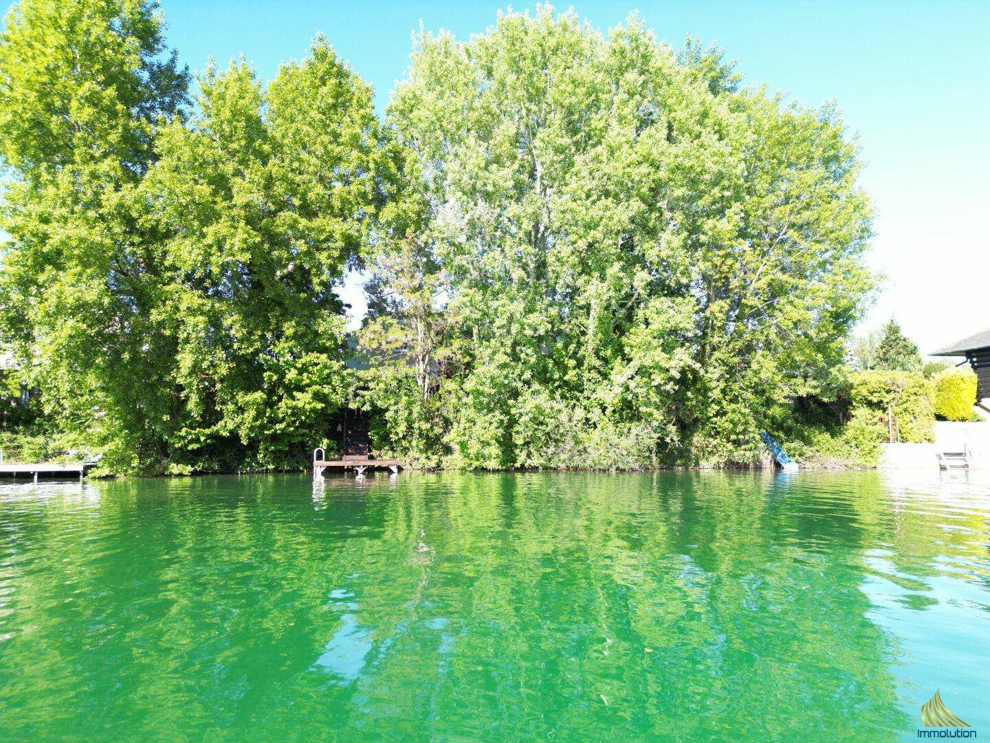 Weitläufiger Blick über den grünen See mit bewaldetem Ufer und einem kleinen Steg.