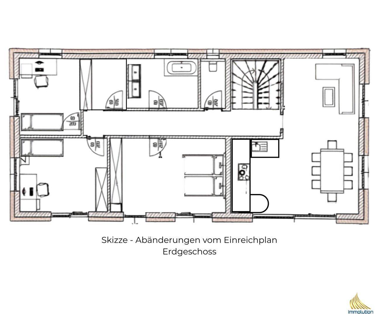 Skizze des Erdgeschosses mit Abänderungen vom Einreichplan.