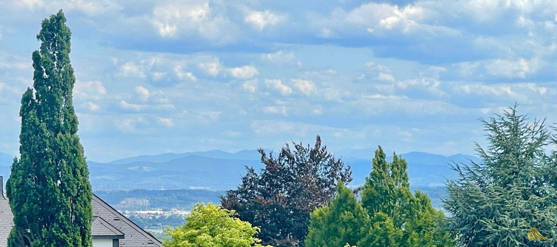 Weitläufiger Blick auf eine bergige Landschaft unter einem bewölkten Himmel.