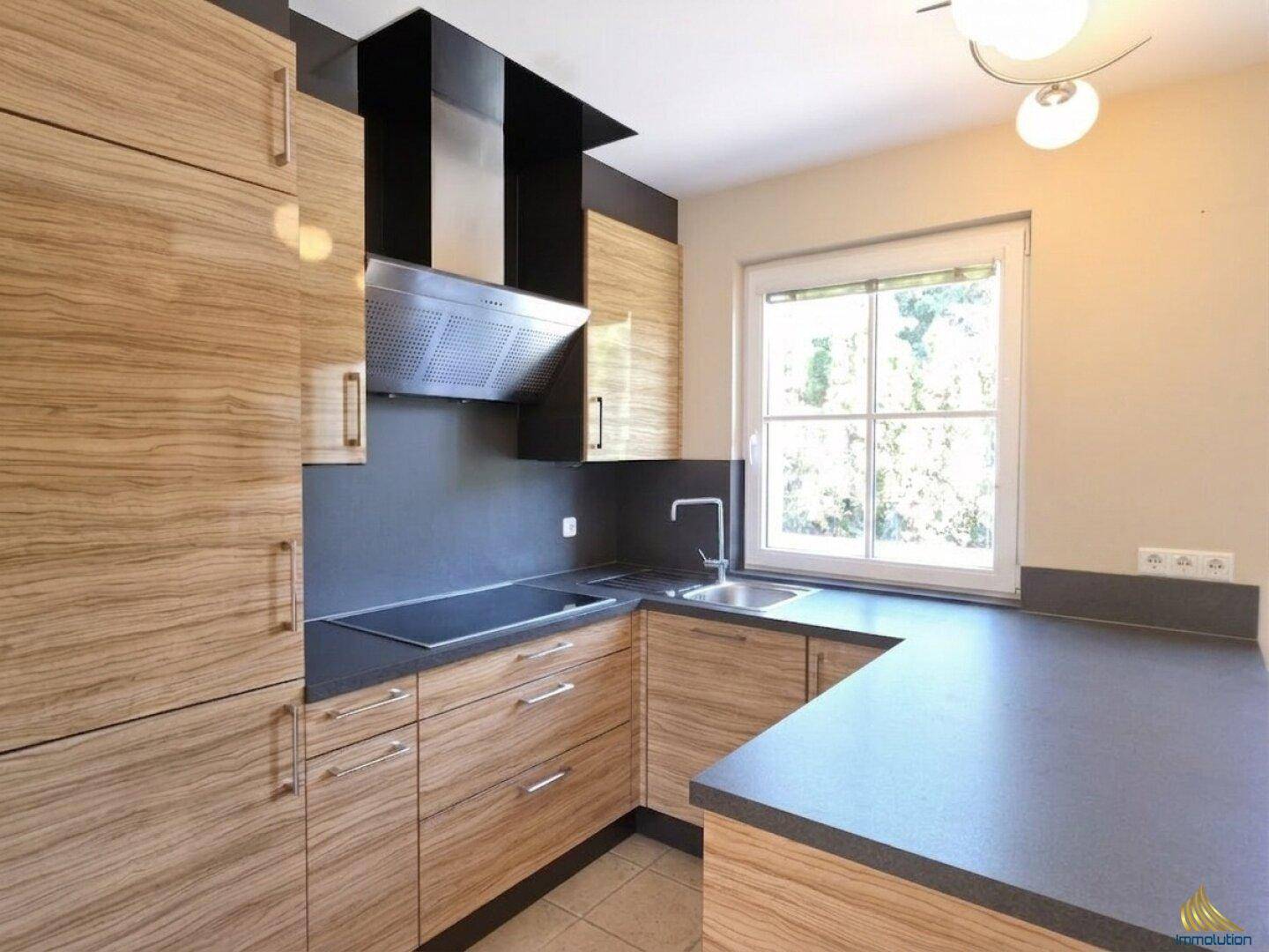 Moderne Küche mit Holzoptik-Schränken, dunkler Arbeitsplatte und Induktionskochfeld.