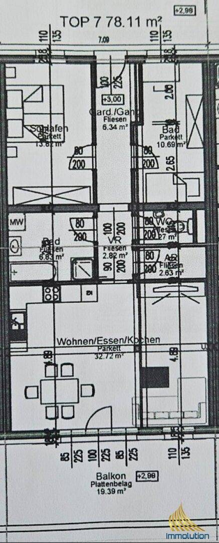 Grundriss der Wohnung TOP 7 mit 78.11 m², zeigt Wohn-, Ess- und Küchenbereich sowie Balkon.