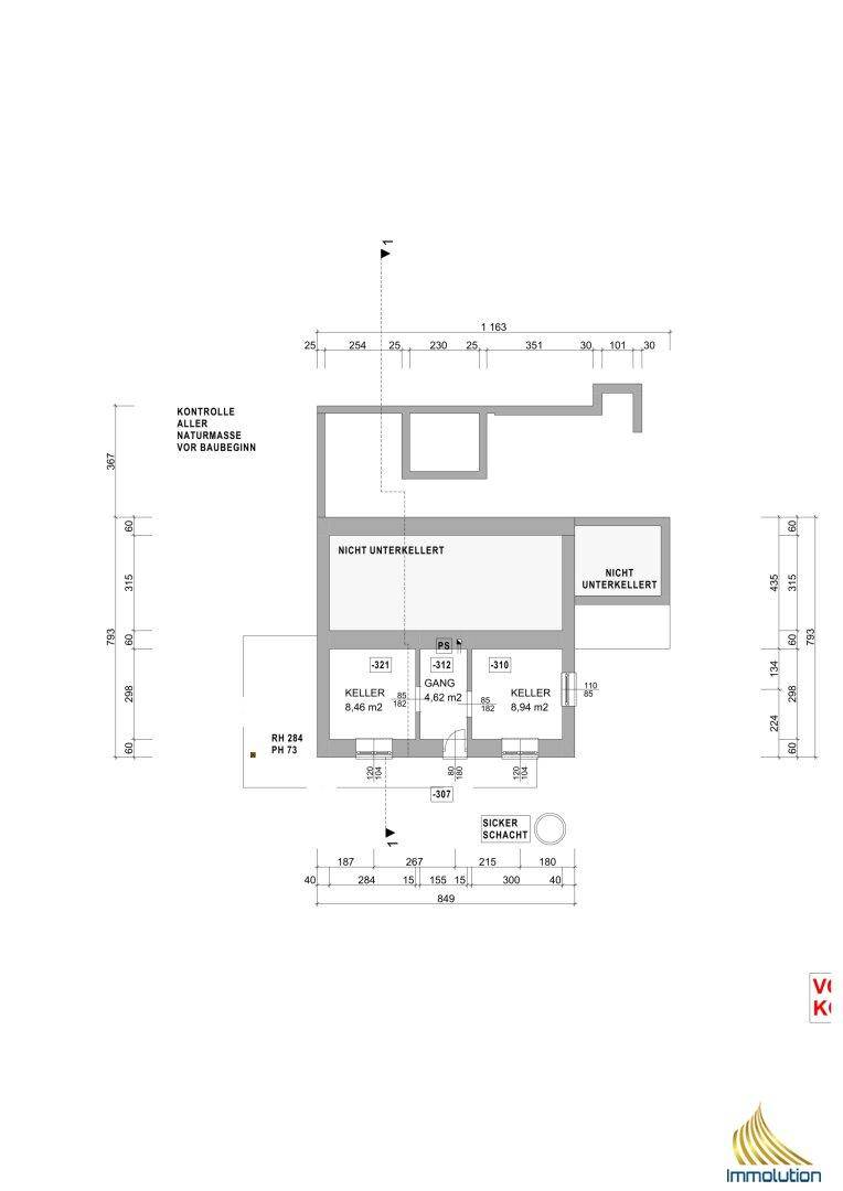 Grundriss des Kellergeschosses mit zwei Kellerräumen und nicht unterkellertem Bereich.