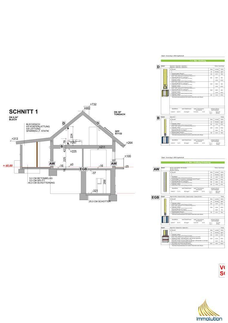 Architektonischer Schnitt des Gebäudes mit Details zur Konstruktion und Dachform.