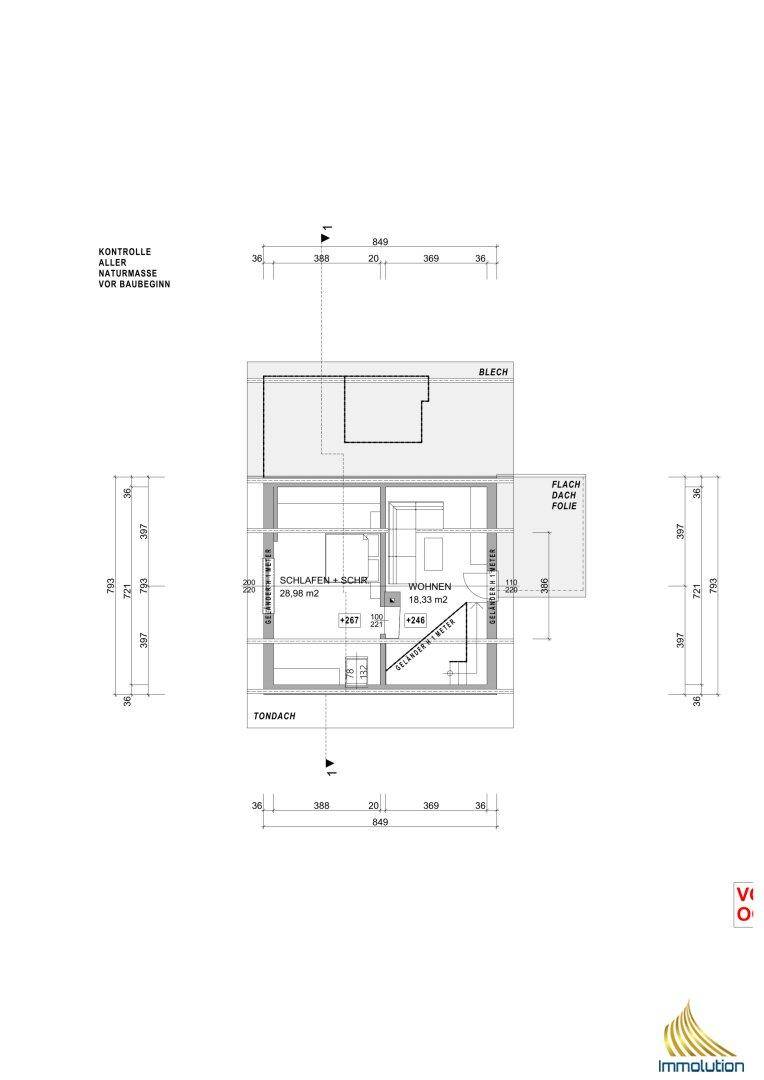 Grundriss des Obergeschosses mit Schlafzimmer, Wohnbereich und Dachschrägen.