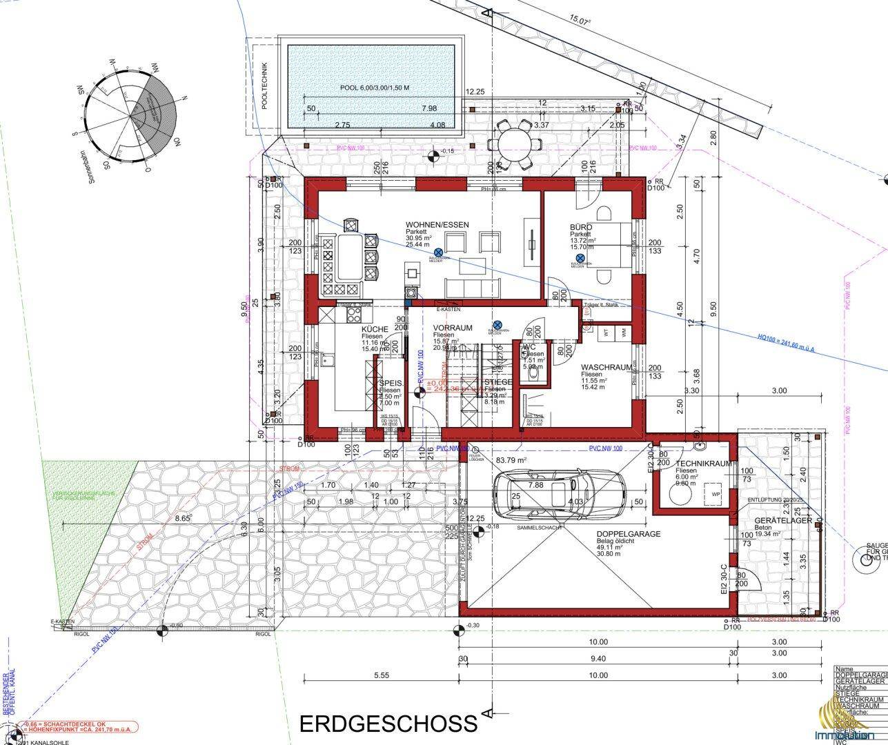 Grundriss des Erdgeschosses mit offenem Wohn-Essbereich, Küche, Büro und Doppelgarage.