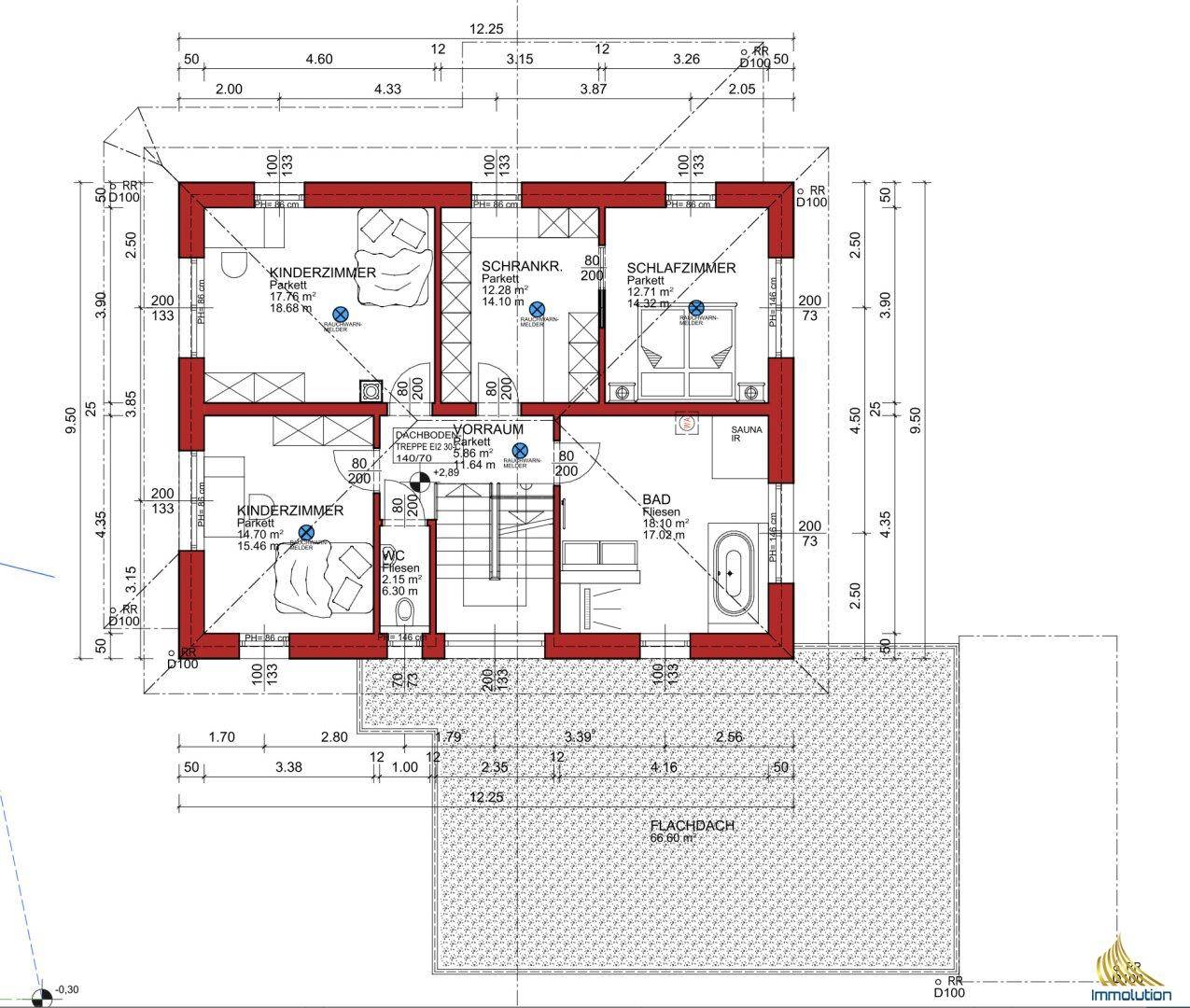 Grundriss des Obergeschosses mit drei Schlafzimmern, großem Bad, separatem WC und Sauna.