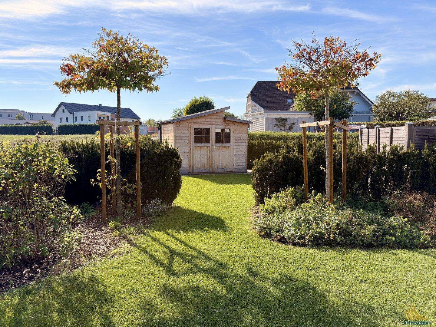Gepflegter Garten mit Rasenfläche, jungen Bäumen und einem kleinen Holzschuppen.