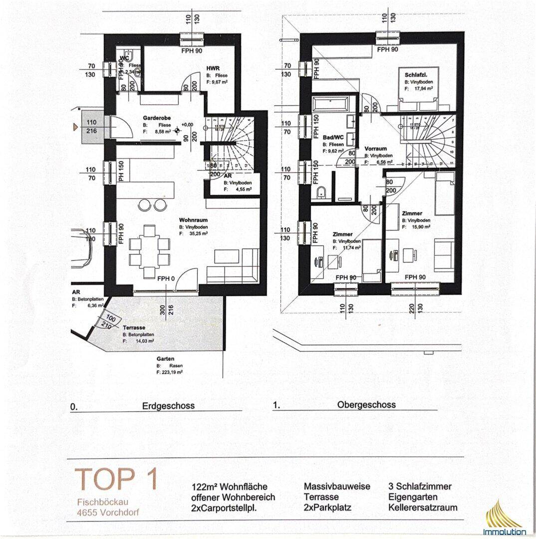 Grundrisspläne für Erdgeschoss und Obergeschoss mit Wohn- und Schlafbereichen.