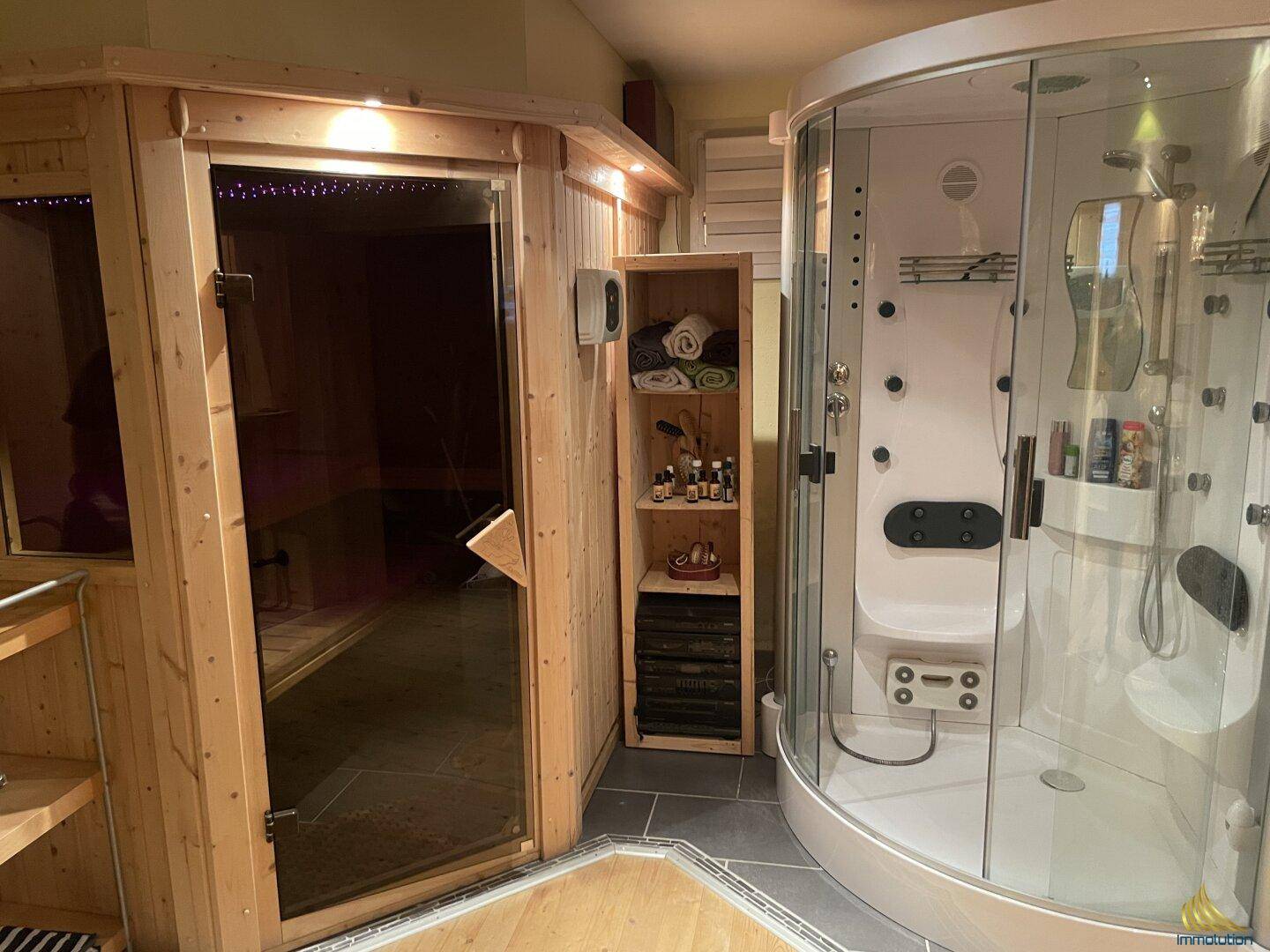Privater Wellnessbereich mit Sauna und moderner Duschkabine für Entspannung.