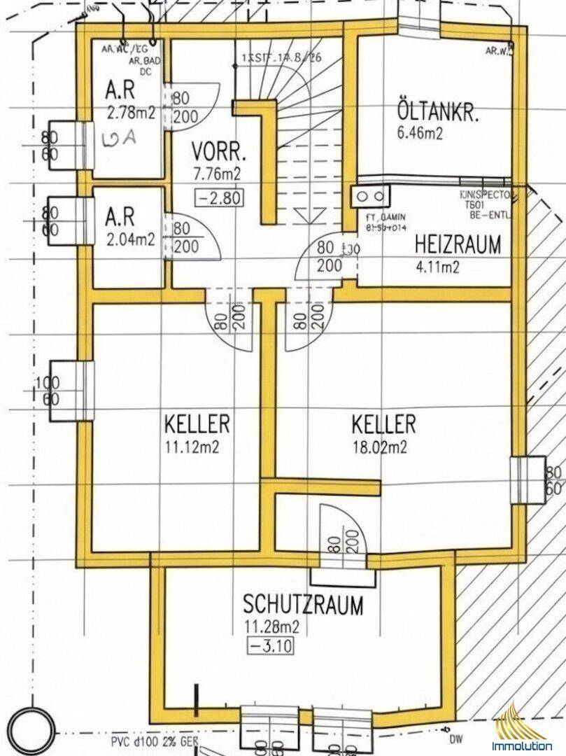 Grundriss des Kellergeschosses mit Heizraum, Öltankraum und Schutzraum.