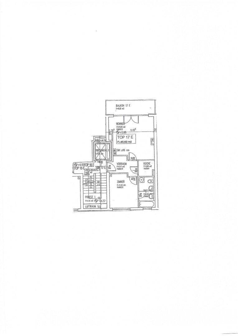 Grundrissplan einer Wohnung mit Balkon, Wohnbereich und separaten Zimmern.