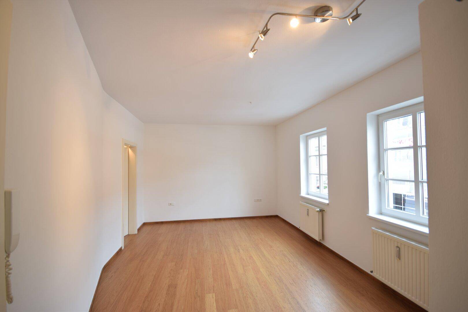 Geräumiger Wohnbereich mit Holzboden und viel Tageslicht durch die Fenster.