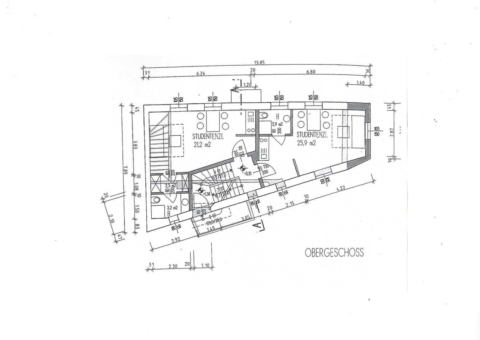 Grundriss des Obergeschosses mit zwei Studentenzimmern und Gemeinschaftsbereichen.