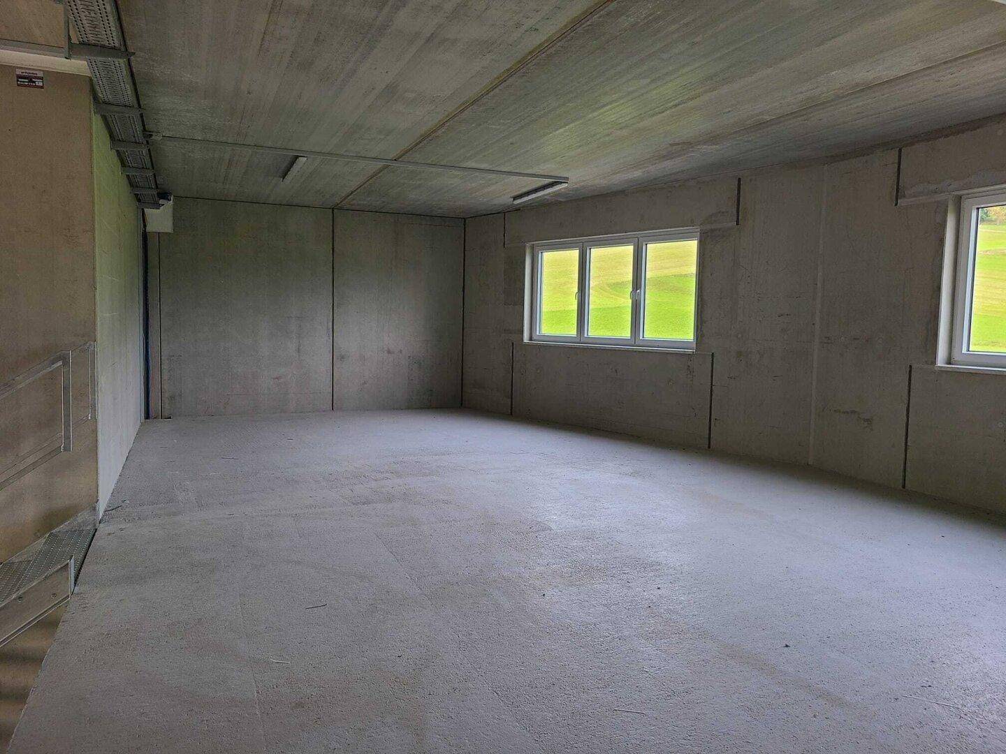 Geräumiger Industrieraum mit Betonboden und -wänden, großen Fenstern mit Blick ins Grüne und sichtbaren Deckeninstallationen.