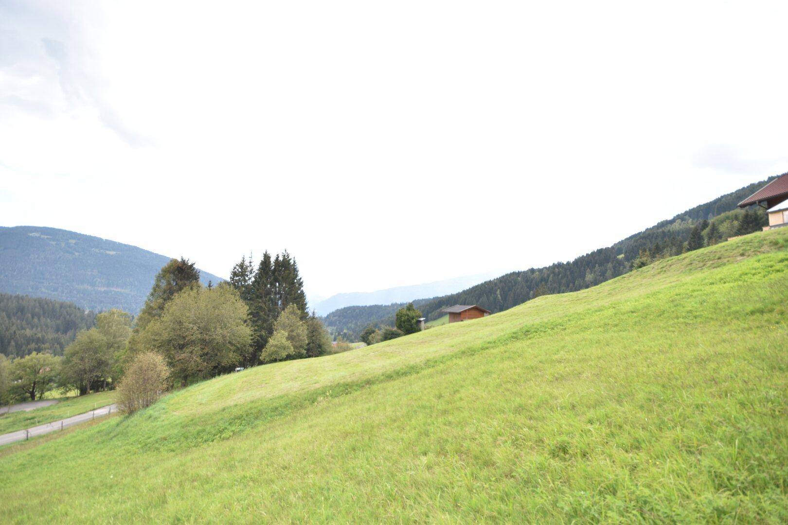 Sanfte grüne Hügel mit einem kleinen Holzschuppen und einem Hausdach am Horizont vor bewaldeten Bergen.