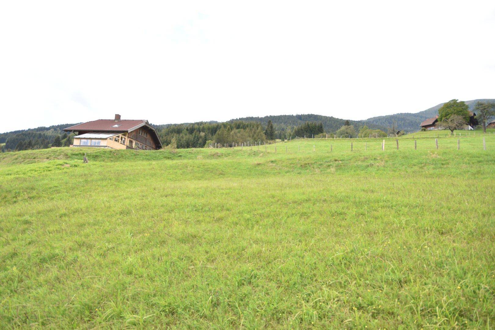 Das Haus mit braunem Dach und heller Fassade liegt idyllisch auf einem grünen Hügel in ländlicher Umgebung.