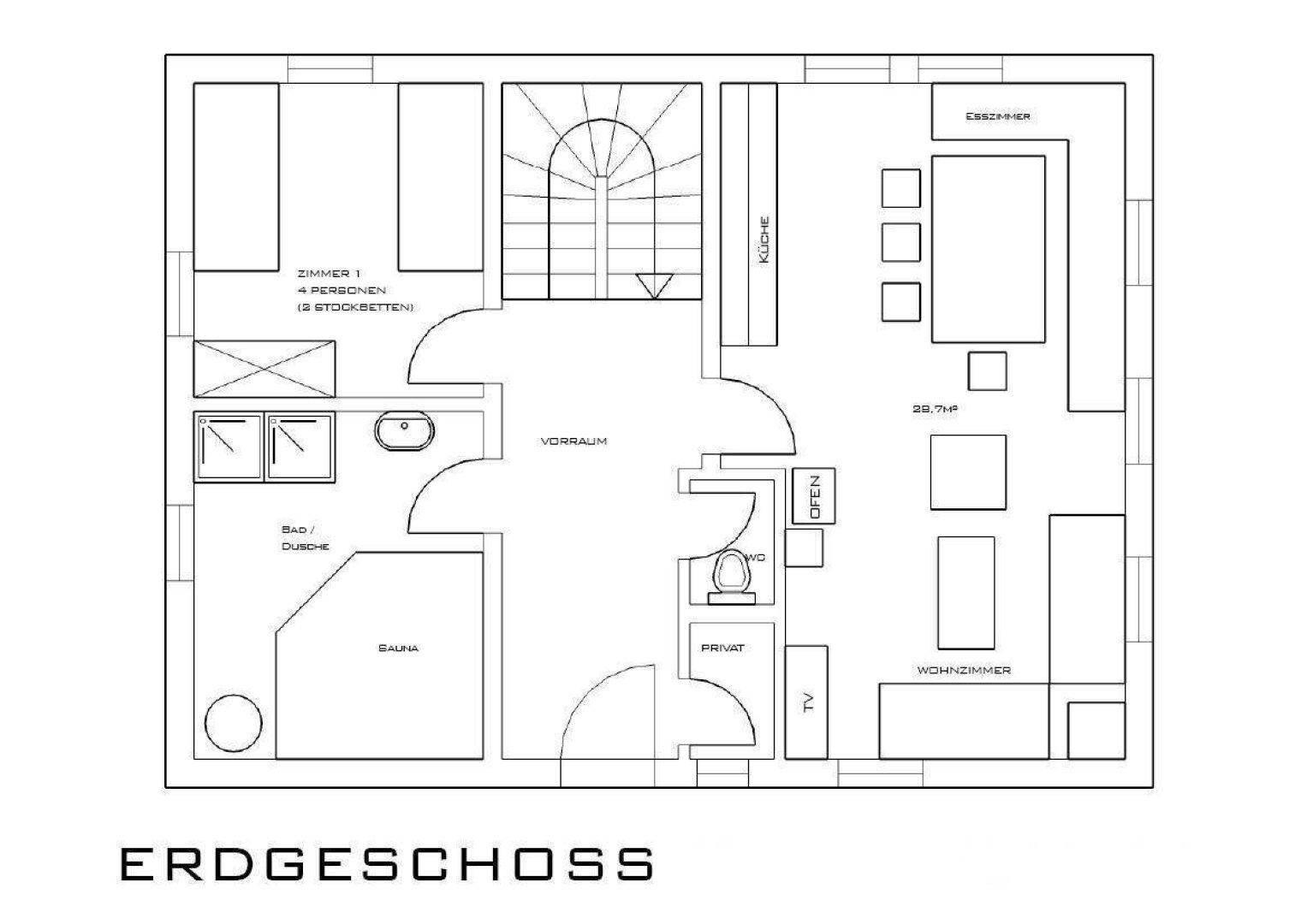 Grundriss des Erdgeschosses mit Wohnzimmer, Küche, Bad und einem Schlafzimmer.