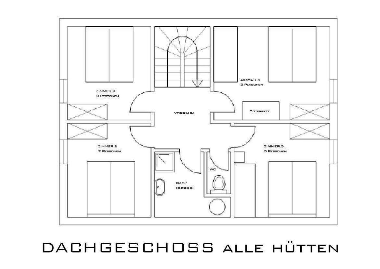 Grundriss des Dachgeschosses mit mehreren Schlafzimmern, Bad und separatem WC.