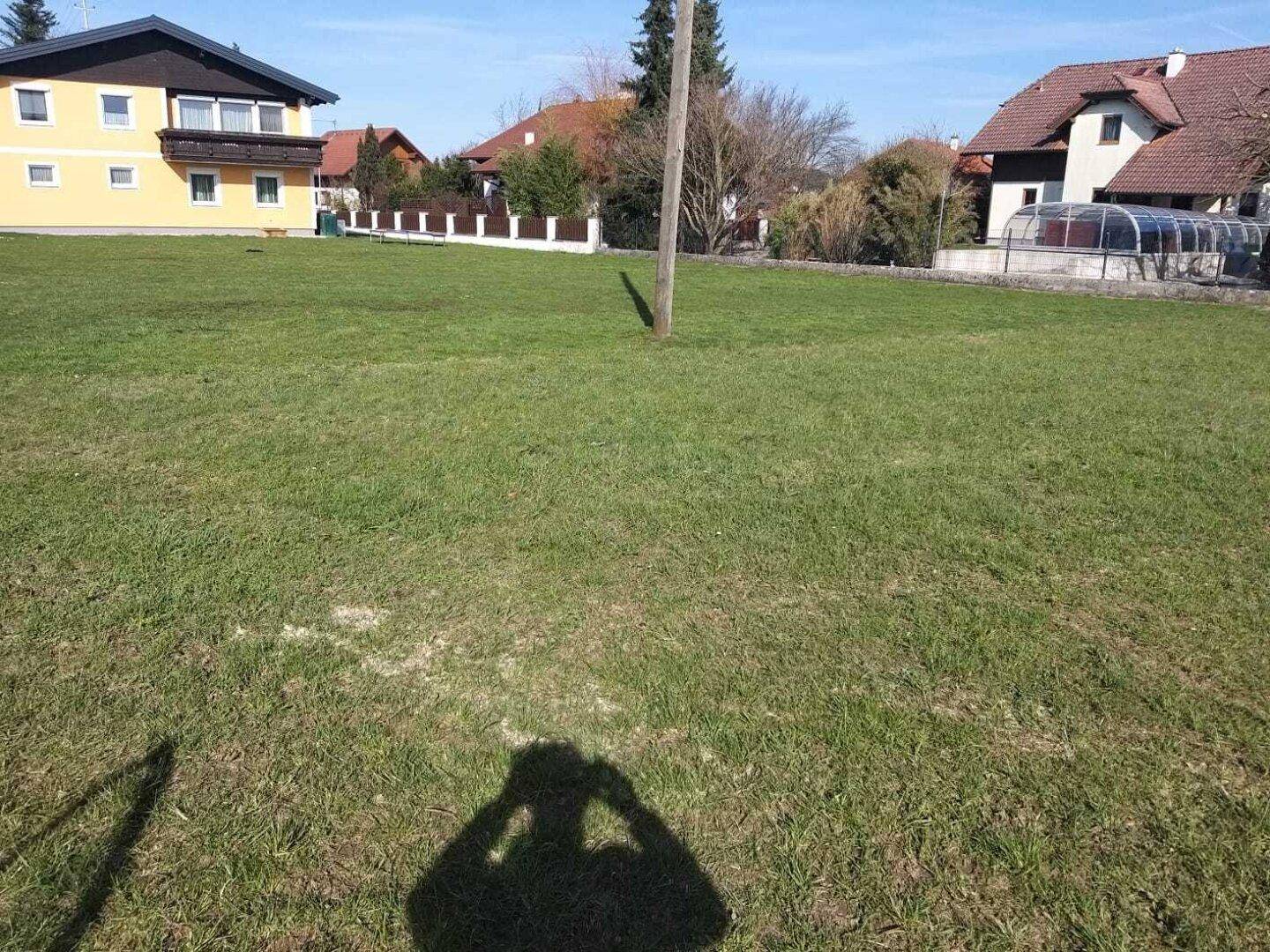 Sonniges Grundstück mit grüner Wiese und umliegenden Häusern, ideal für ein neues Bauprojekt.