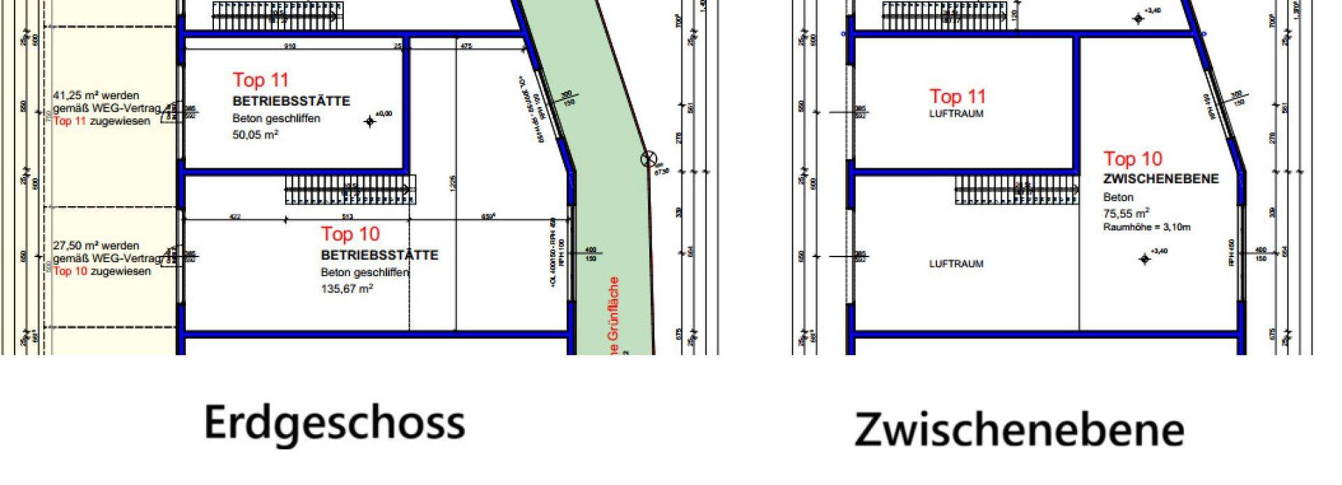 Grundrisspläne für Erdgeschoss und Zwischenebene eines Gewerbeobjekts mit Treppen und offenem Bereich.