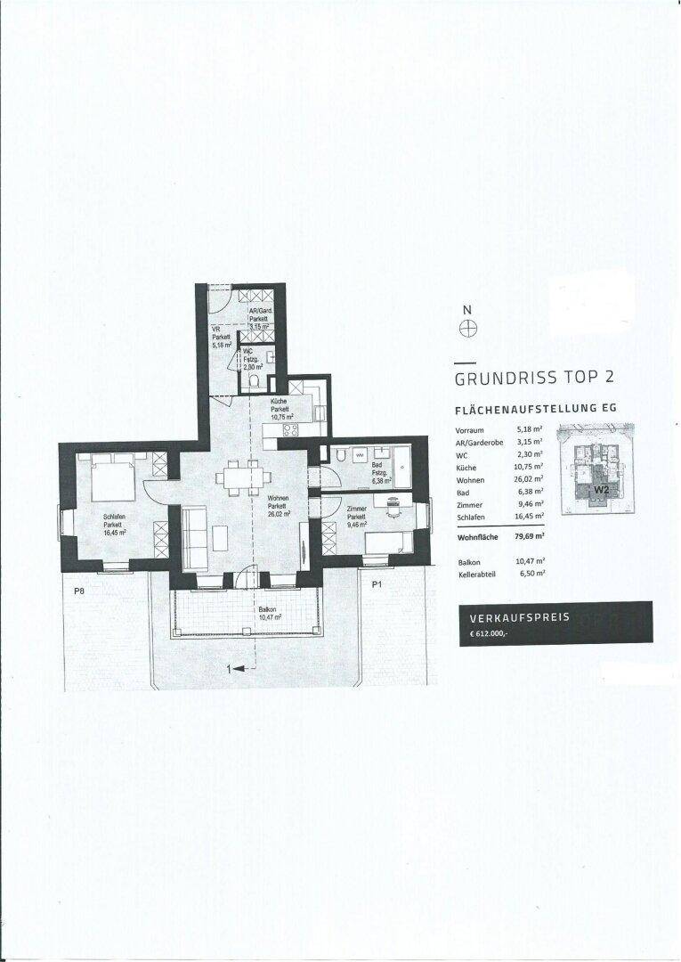 Grundriss einer Wohnung mit offenem Wohnbereich, zwei Bädern und Balkonzugang.