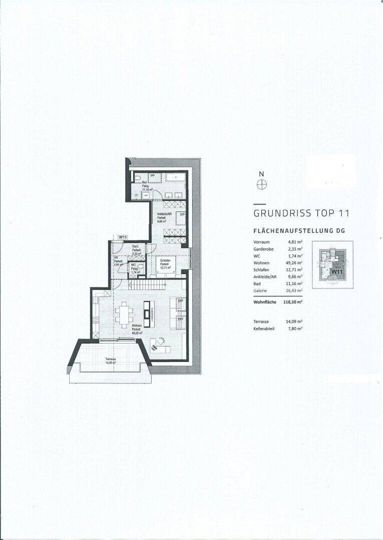 Grundrissplan der Dachgeschosseinheit Top 11 mit Terrasse und offenem Wohnbereich.