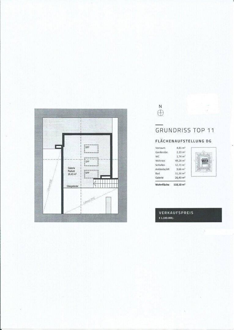Zweiter Grundrissplan der Dachgeschosseinheit Top 11 mit Galeriebereich und Treppe.