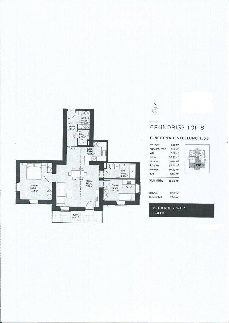 Grundriss der Wohnung Top 8 im 2. Obergeschoss mit offenem Wohnbereich und Balkon.