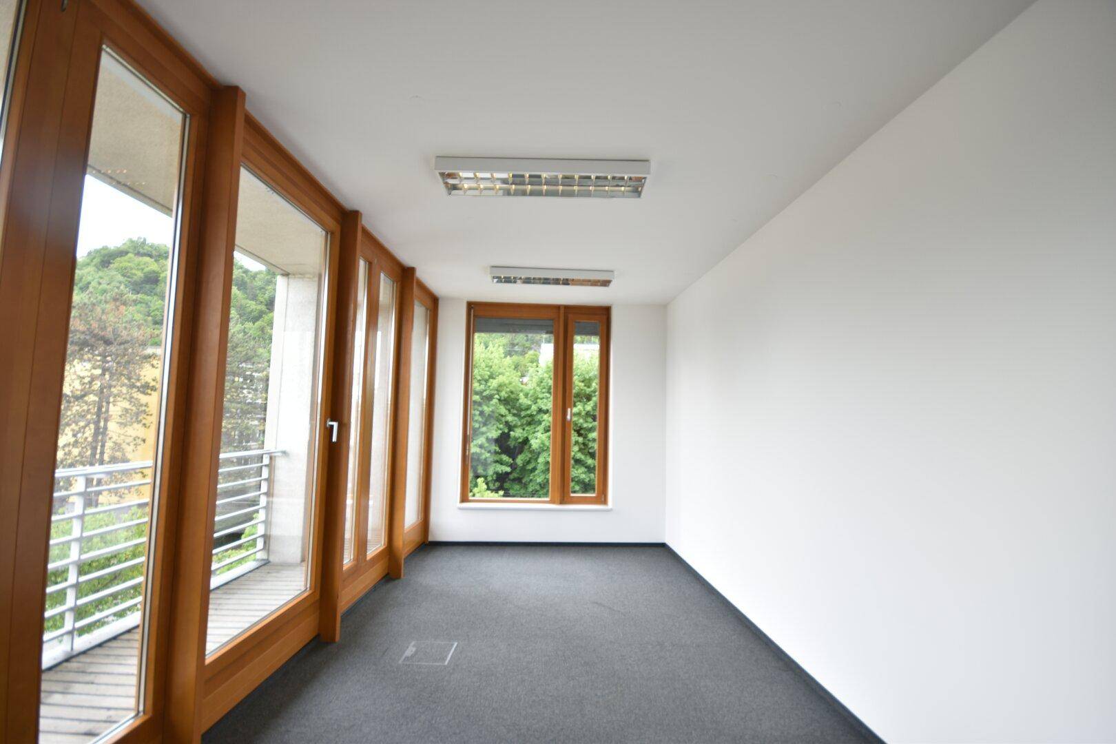 Langer Büroraum mit Teppichboden, großen Fenstern und direktem Zugang zu einem Balkon.