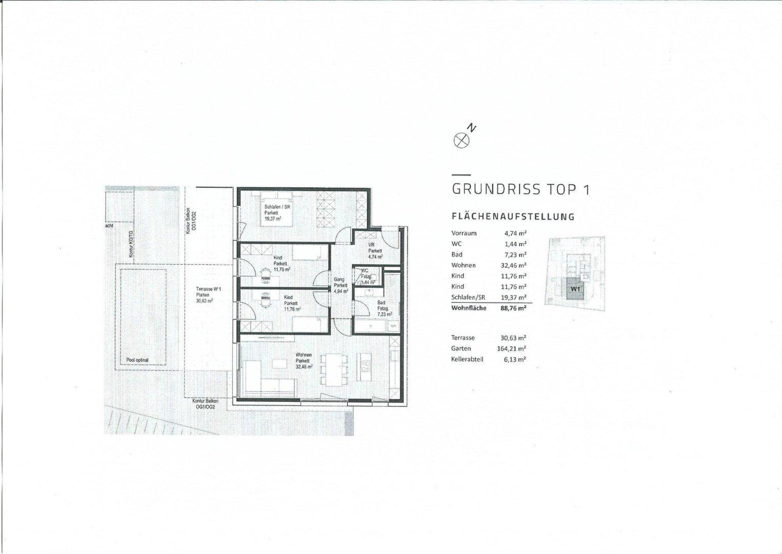 Grundriss der Wohnung Top 1 mit drei Schlafzimmern, einem Badezimmer, separatem WC, Terrasse und Garten.
