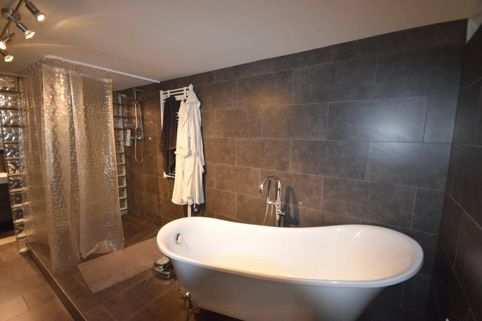 Geräumiges Badezimmer mit freistehender Badewanne, Duschbereich und dunklen Wandfliesen.
