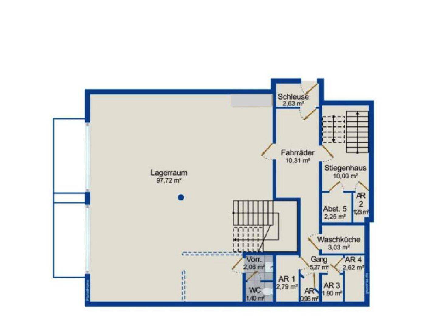 Grundriss des Untergeschosses mit großem Lagerraum, Fahrradraum, Waschküche und Treppenhaus.