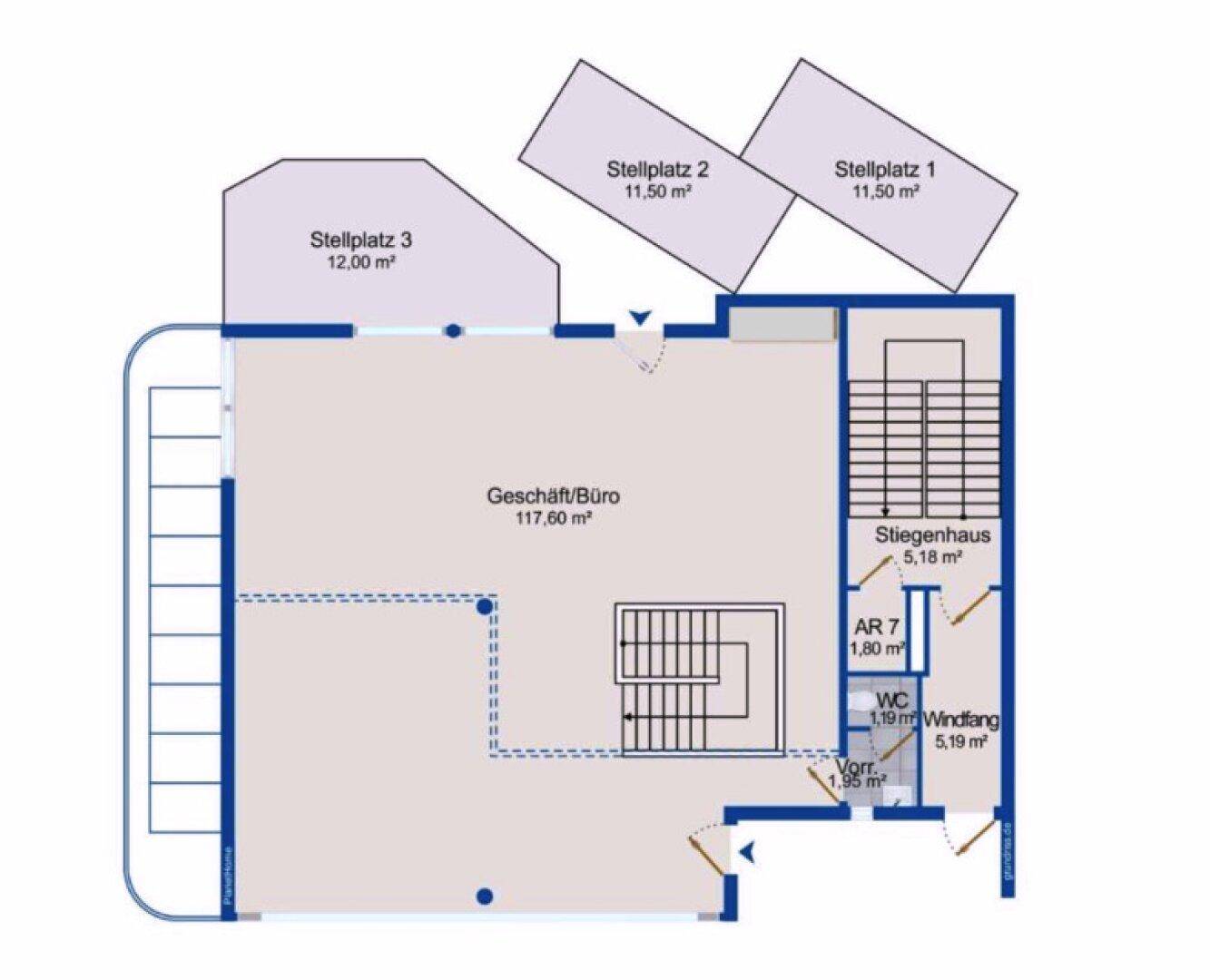 Grundriss des Erdgeschosses mit Geschäfts-/Bürofläche, Treppenhaus und drei externen Stellplätzen.