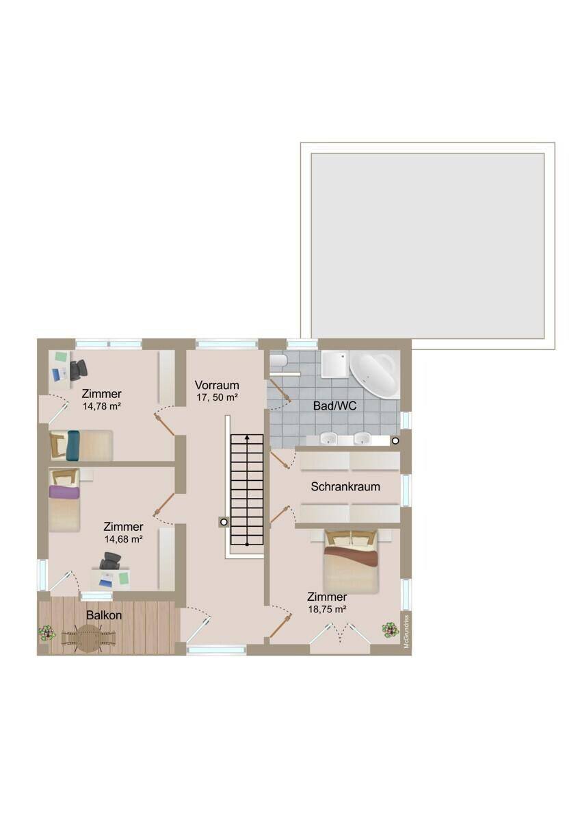 Grundriss des Obergeschosses mit drei Schlafzimmern, Bad und Balkon.