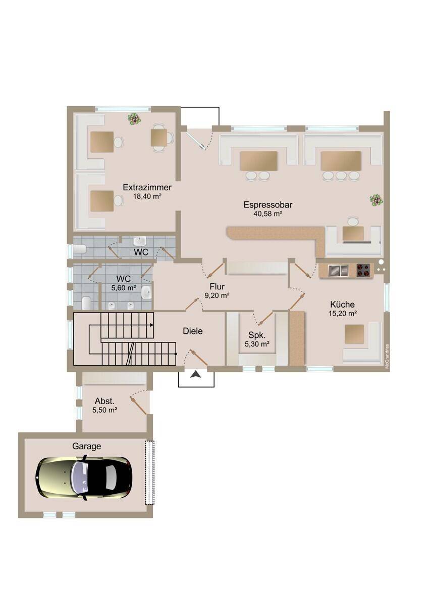 Grundriss des Erdgeschosses mit Küche, Essbereich, Extrazimmer, zwei WCs und einer Garage.