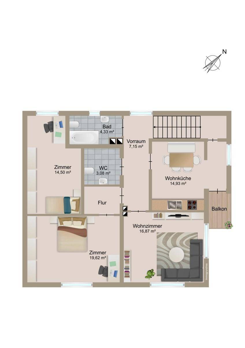Grundriss des Obergeschosses mit Wohnküche, Wohnzimmer und zwei Schlafzimmern.
