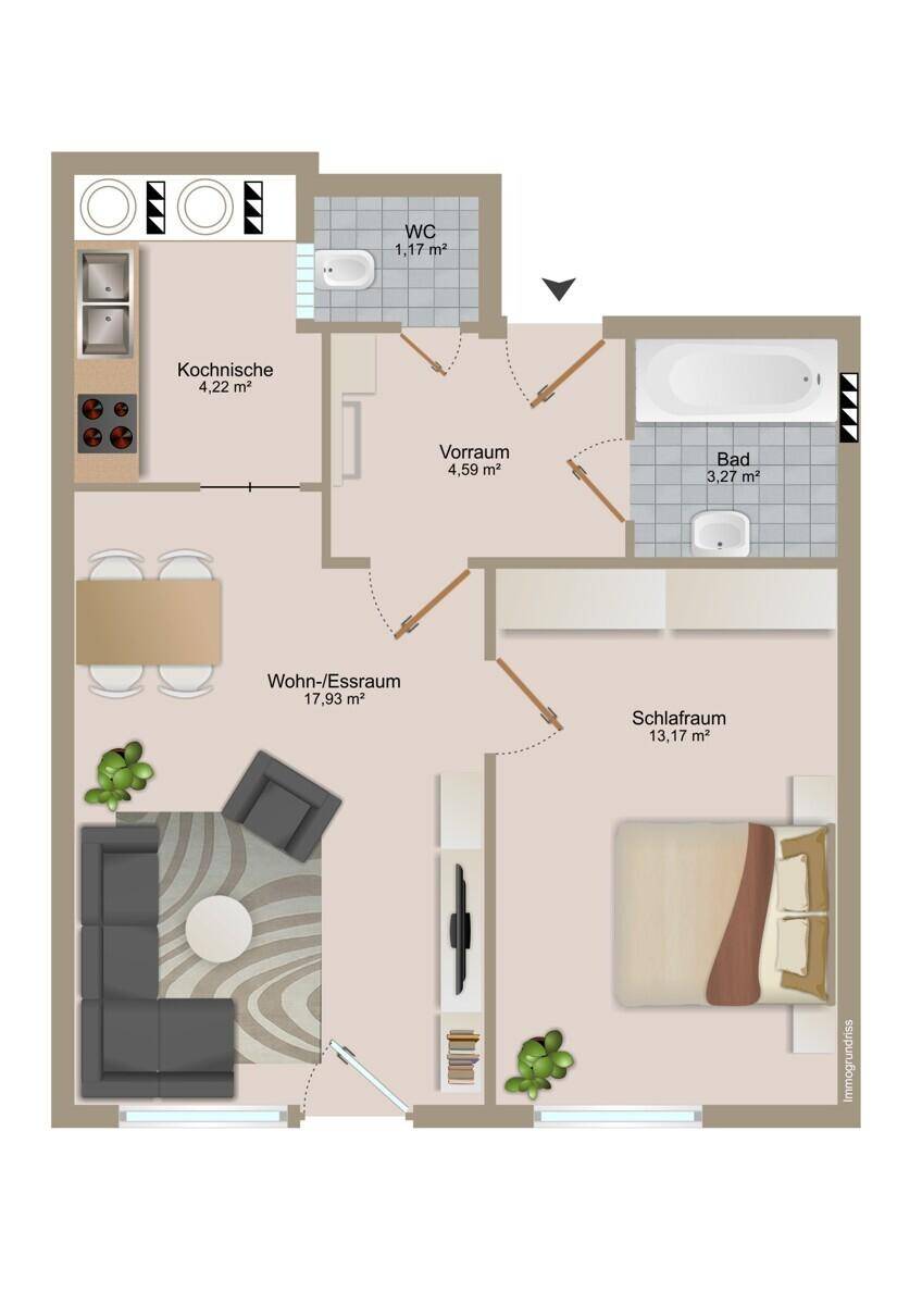Grundriss einer Wohnung mit Kochbereich, Wohn-Essraum, Schlafzimmer und Bad.