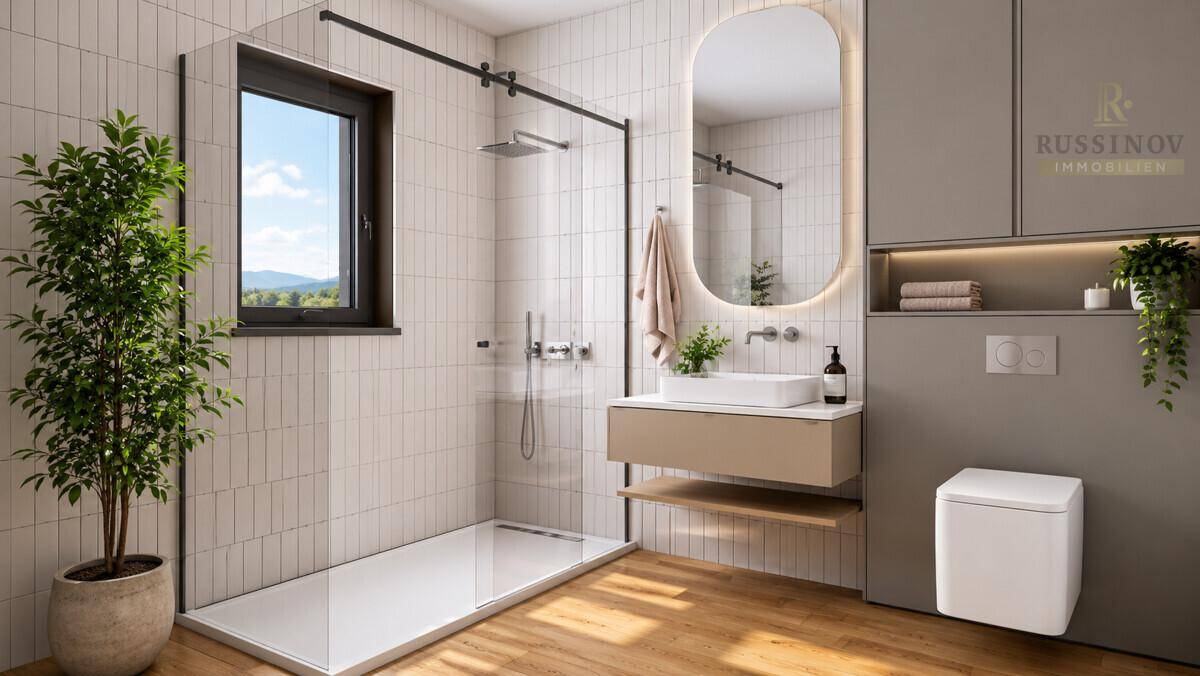 Modernes Badezimmer mit begehbarer Dusche, schwebendem Waschtisch und Fenster mit Bergblick.