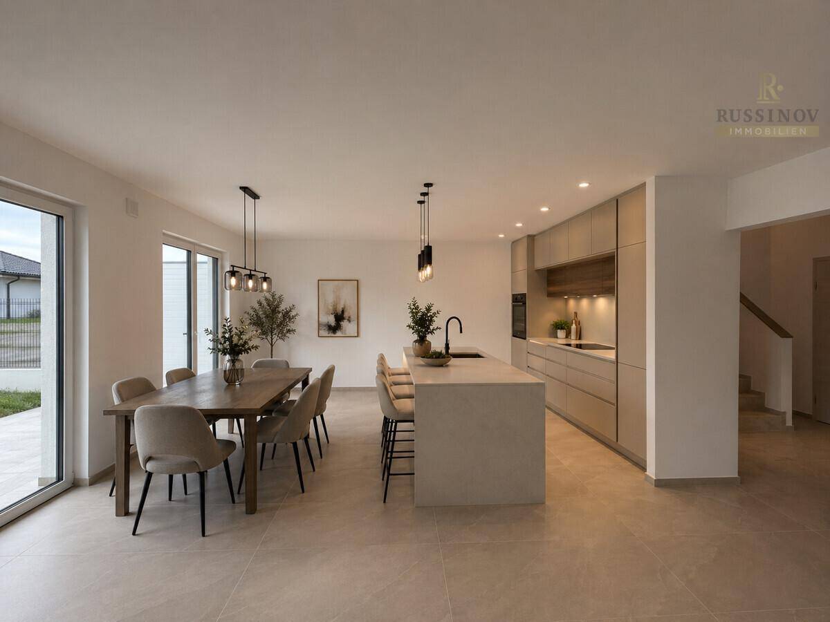 Moderne offene Küche mit Kücheninsel und Essbereich, perfekt für geselliges Beisammensein und Kochen.